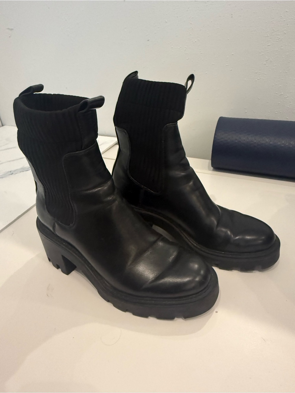 Zara Black Ribbed Chelsea Platform Ankle Boots